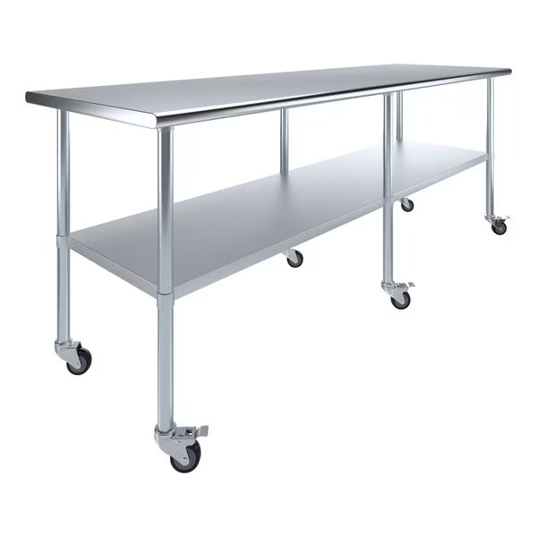 30x96 Rolling Prep Table with Stainless Steel Top, Amgood, Mfr#: AMG WT-3096-WHEELS